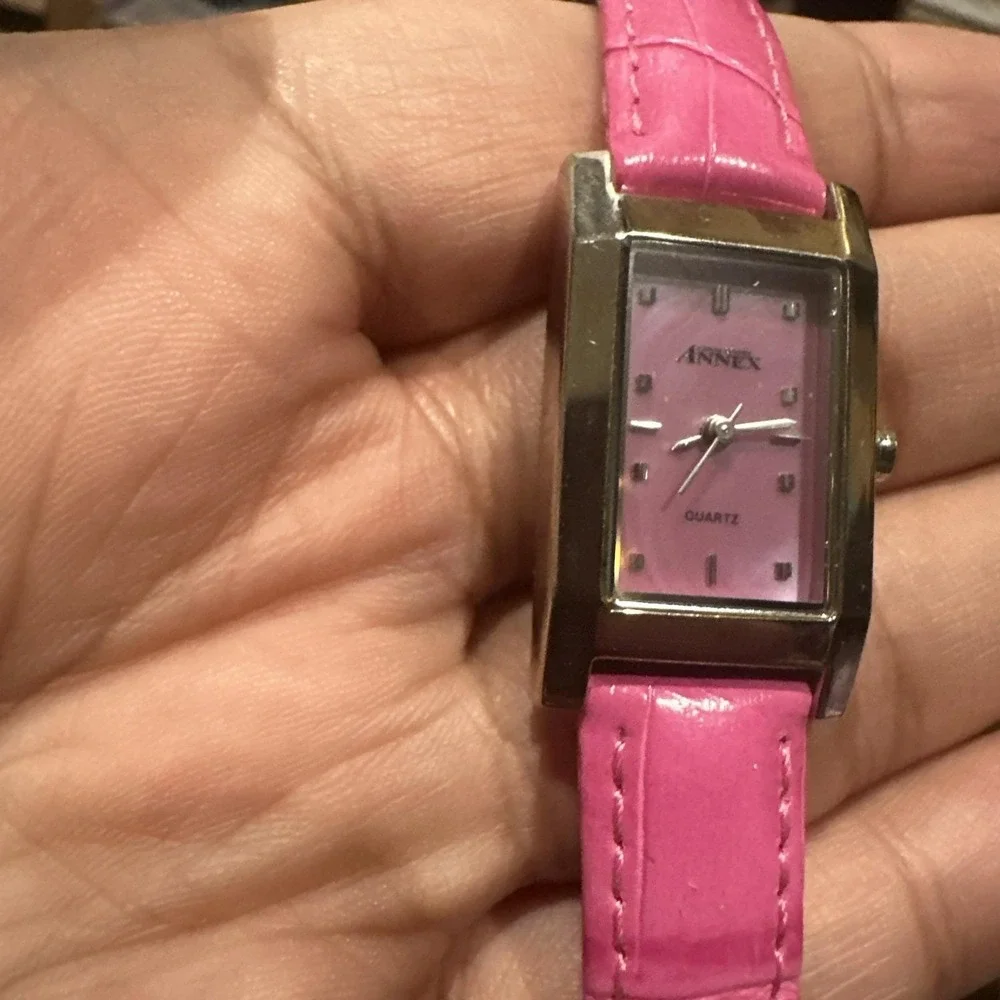 Working ANNEX 19mm MOP Rectangle Pink Leather‎ Quartz Women's Watch New Battery